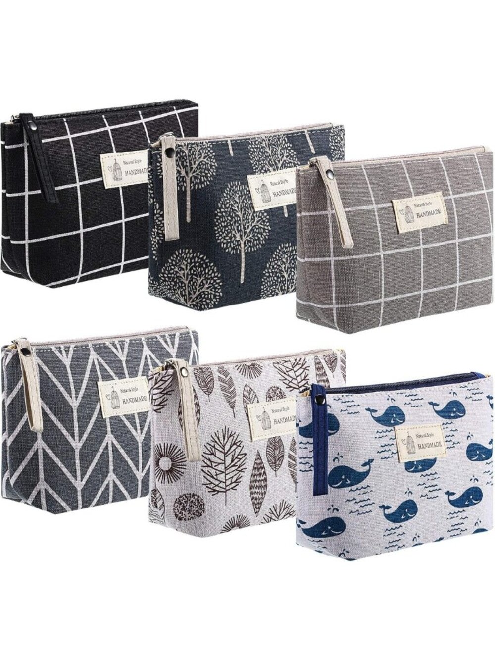6 Pcs Canvas Makeup Bags Set | Zippered Cosmetic Pouches | Stylish Grid Design